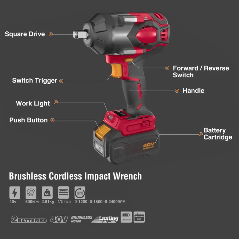 40V Brushless Cordless impact wrench kit 12 inch 800Nm (Model 8907-40V)